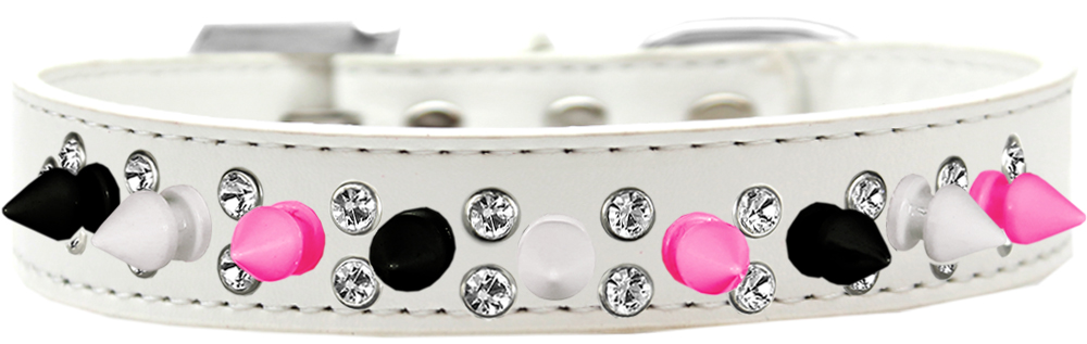 Double Crystal with Black, White and Bright Pink Spikes Dog Collar White Size 14